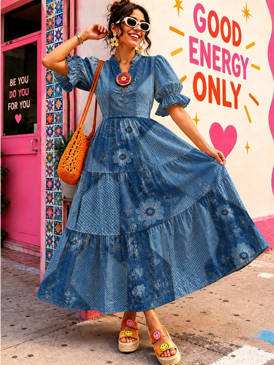 Women's Retro Art Print Washed Cotton Lace Patchwork Midi Dress